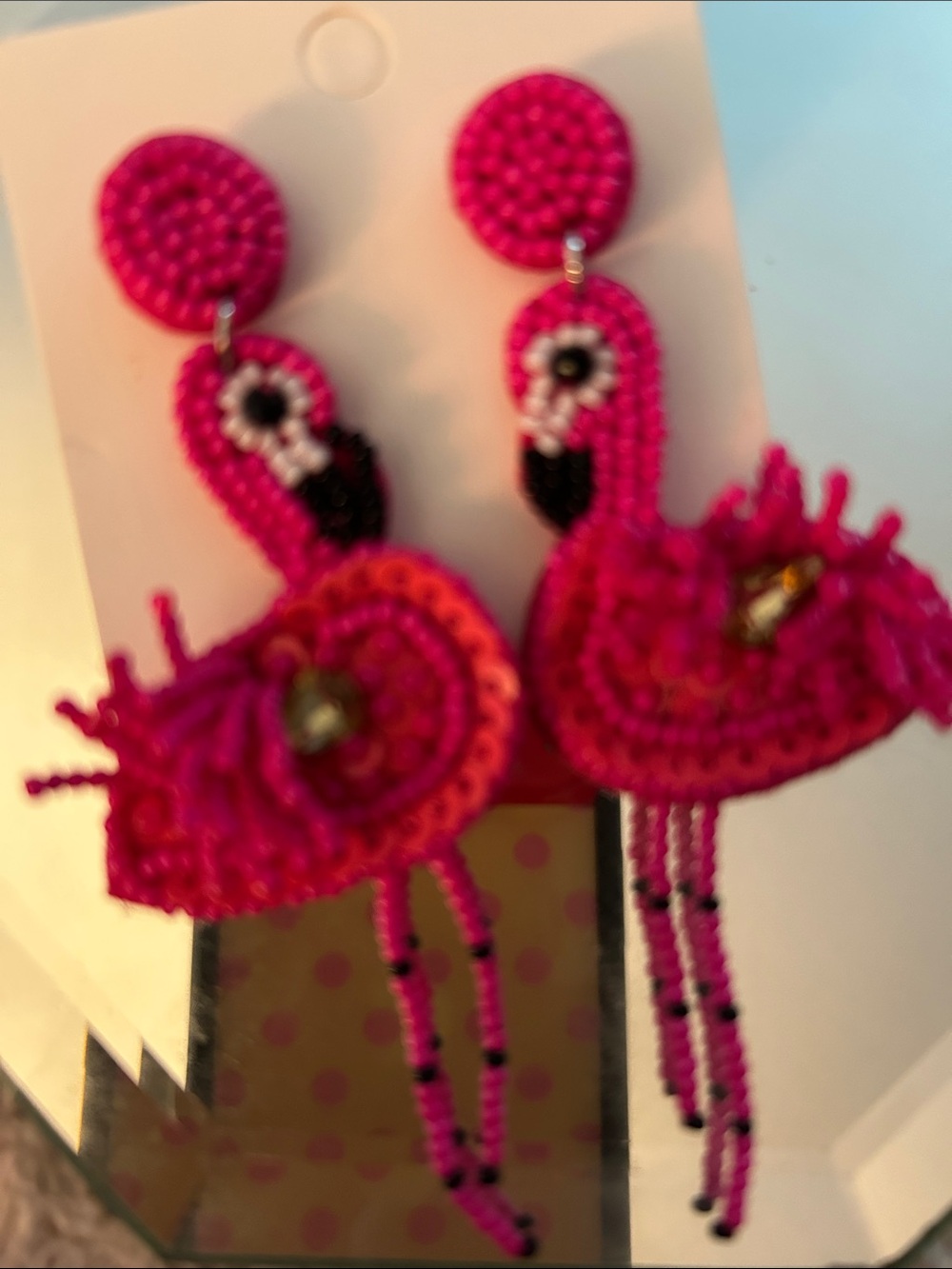 Handmade Beaded Flamingo & Colorful Parrot Statement Earrings - Pink, Multi - Picture 7 of 11